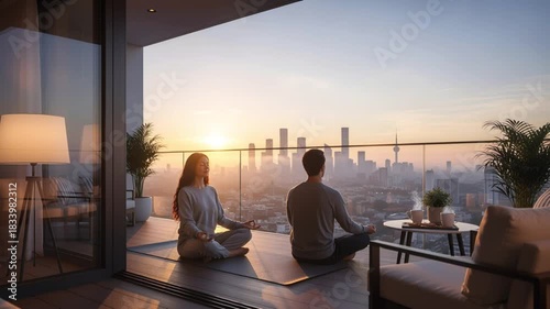 A couple meditates on a high-rise balcony overlooking the city at sunrise. Man and woman practicing yoga for a healthy lifestyle. Urban wellness and mindfulness concept