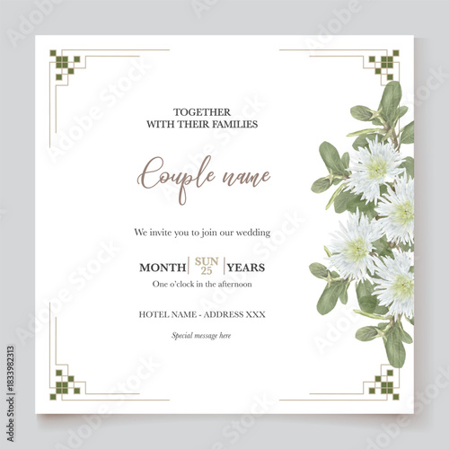 WEDDING INVITATION FRAME WITH FLOWER DECORATIONS AND FRESH LEAVES
