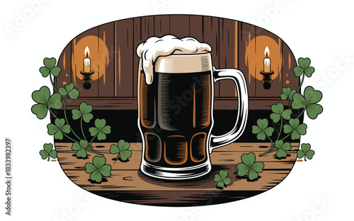 St. Patrick's Day Celebration: A Cold Beer Mug with Shamrocks and Candlelight, Celebrating Irish Traditions and Festive Gatherings for the Holiday