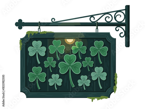 St. Patrick's Day Irish Pub Sign Illustration with Clovers, Moss, and Decorative Bracket for Holiday Celebrations and Graphic Design Projects