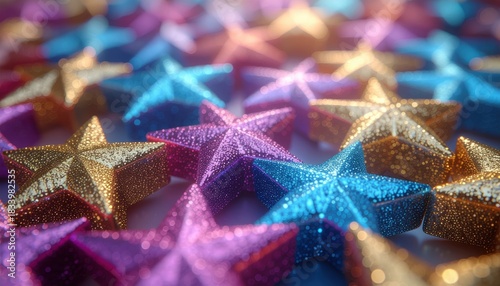 Close up view of sparkling colorful star shapes scattered across a surface with shallow depth of field