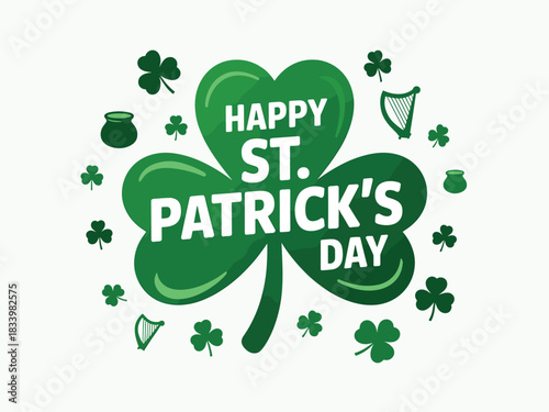 Green Happy St. Patrick's Day Shamrock with Harps and Pot of Gold Celebration for Irish Culture and Festivities, Luck of the Irish.