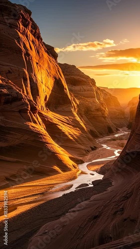 Stunning Canyon Landscape at Sunset with Golden Light and River.