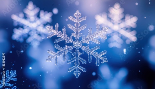 Close up of intricate hexagonal ice crystals falling during winter detailed snowflake macro closeup nature