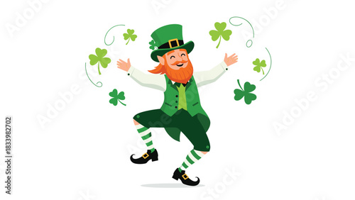 Happy Leprechaun Dancing with Clovers: Celebrating St. Patrick's Day with Joy and Luck, Wearing Green and Smiling with Delightful Irish Spirit