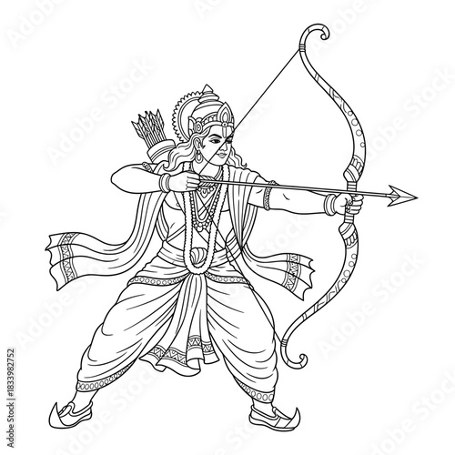 Hindu God Lord Rama Drawing Confidently Holding Bow and Arrow
