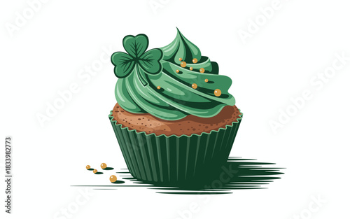 St. Patrick's Day Cupcake with Shamrock Topping and Golden Sprinkles - Festive Holiday Treat Illustration for Print and Web Design