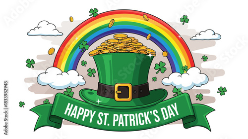 Happy St. Patrick's Day Hat with Gold Coins and Rainbow, perfect for greetings, invitations, and themed graphics.