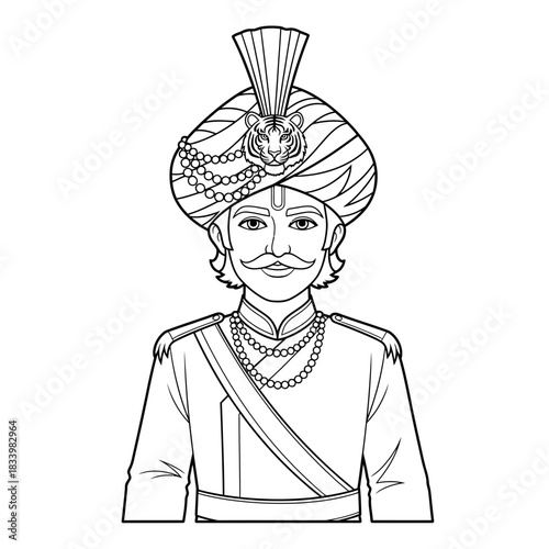 Indian Man Wearing Traditional Turban with Powerful Tiger Emblem Illustration