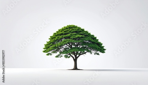 A vibrant green tree with a full canopy of leaves stands isolated on a clean white background Nature