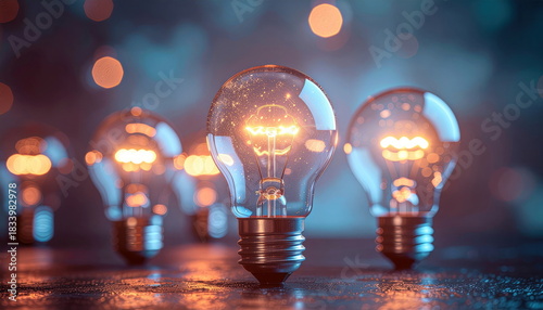 Row of glowing incandescent light bulbs on a reflective surface with bokeh background illumination electricity