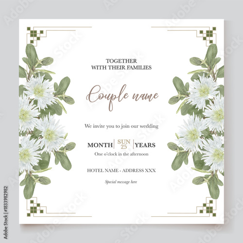 WEDDING INVITATION FRAME WITH FLOWER DECORATIONS AND FRESH LEAVES