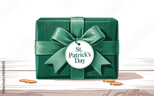 St. Patrick's Day Gift: Green Present Box with Ribbon, Tag and Gold Coins for Irish Holiday Celebrations and Festive Giving