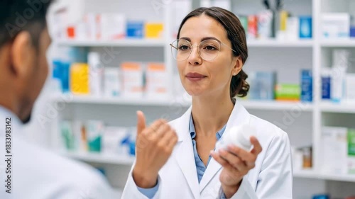 Pharmacist Explains Medication to Customer in Pharmacy