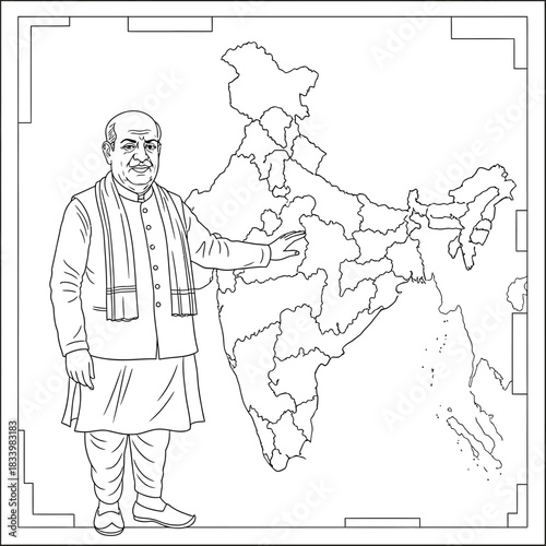 Indian Prime Minister Narendra Modi Portrait with Outline Map of India Symbolism
