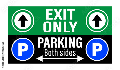 Exit only, parking both sides. Two green and blue road sign assembled together for large parking lots. Texts, directional arrows and symbols.