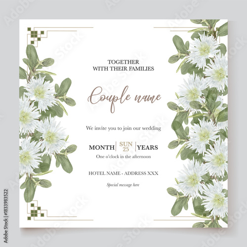 WEDDING INVITATION FRAME WITH FLOWER DECORATIONS AND FRESH LEAVES