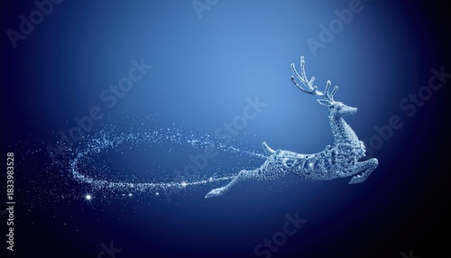 Crystal reindeer leaping through sparkling stardust trail against dark blue gradient background festive