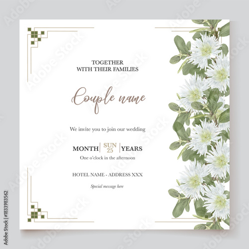 WEDDING INVITATION FRAME WITH FLOWER DECORATIONS AND FRESH LEAVES