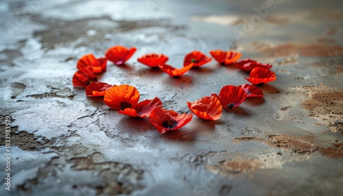 Red poppy petals arranged into a heart shape on a textured surface poppies love romantic floral flower