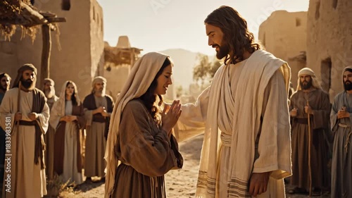 Jesus Christ Blesses a Woman - A scene depicting Jesus Christ blessing a woman in a Middle Eastern village. A crowd of onlookers stands by witnessing the gospel preaching.