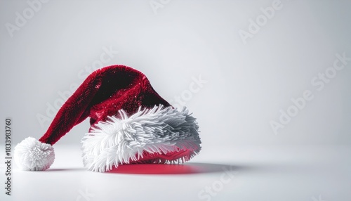Red plush Santa hat with white trim and pompom rests on a white surface casting a shadow Christmas hat