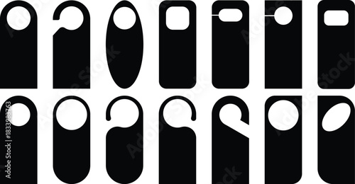 Door hanger vector templates set, blank do not disturb signs, hotel door tag silhouettes, editable door knob hanger shapes in black vector
