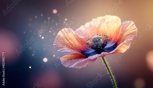 Delicate poppy flower with dew drops and bokeh lights against a soft gradient background nature bloom