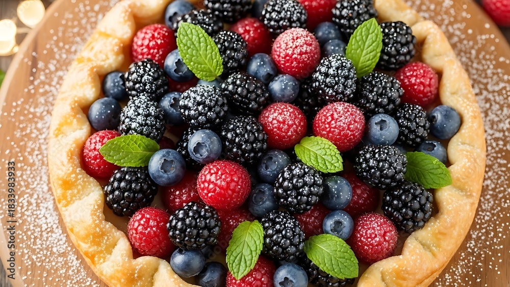 Obraz premium Holiday Tart with Berries and Powdered Sugar Close Up