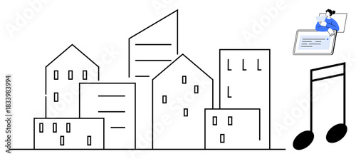 Urban design. Urban skyline paired with music notes portrays harmony between city life and artistic expression. Urban creativity for technology, arts, education, and multimedia projects