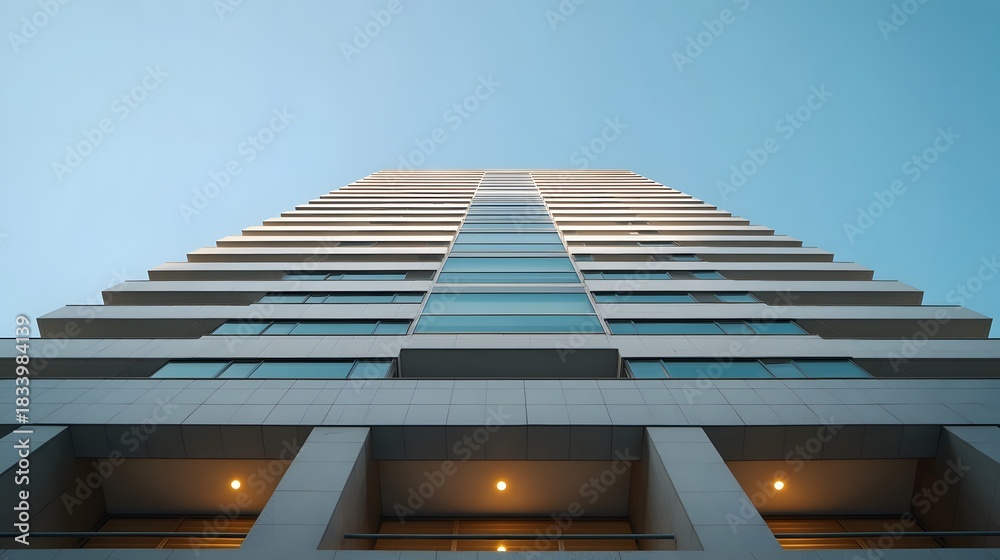 Obraz premium Low angle view of a modern skyscraper with multiple balconies against a clear blue sky