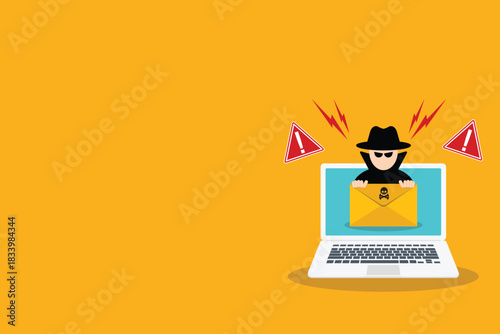 Email data phishing. Hacking concept. Cyber thief hide behind spam e-mail. Vector illustration	