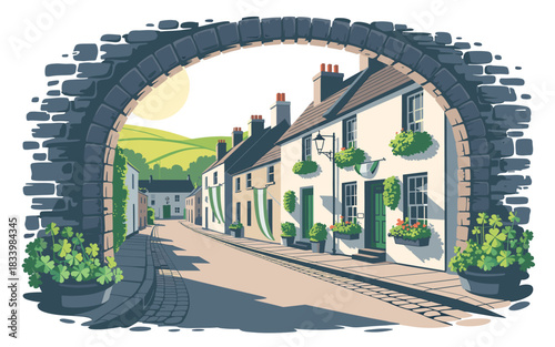 Charming Irish Village Street Scene Through Stone Archway: A Whimsical Vector Illustration of Rural Ireland with Colorful Facades and Shamrock Accents