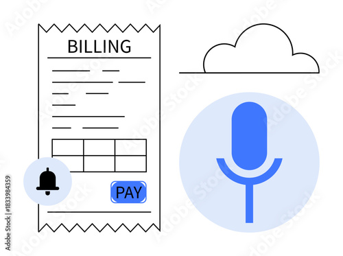 Online payments, voice commands, cloud storage, reminders, digital tools, financial organization. A billing statement, microphone notification bell and cloud icon. Online payments and voice