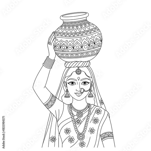 Traditional Indian Lady Gracefully Carrying a Water Pot on Her Head Illustration