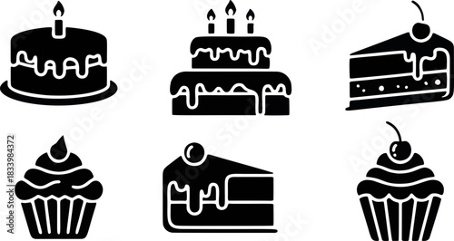 A clean and simple collection of cake and cupcake outline icons, featuring birthday cakes, layered cakes, cake slices, and sweet desserts with candles and cherries.