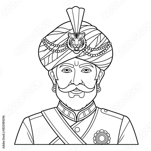 Traditional Indian Royal Portrait with Tiger Turban and Regal Mustache