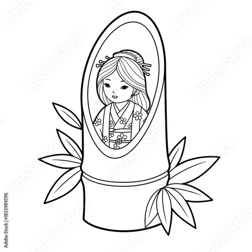 Traditional Japanese Geisha Doll Illustration with Flower Design and Bamboo Leaves