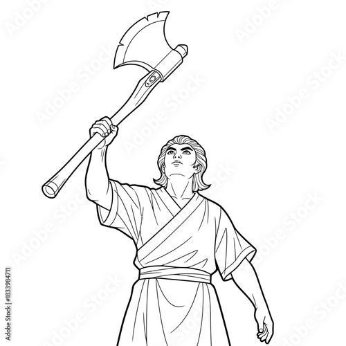 Fierce Viking Warrior Character Raising a Battle Axe for Combat Illustration
