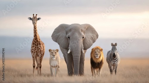 Majestic african animals. Including an elephant. Giraffe. Lion. Lioness. And zebra. Standing together as a group in the vast. Golden grasslands of the savannah at sunrise. Representing wildlife unity