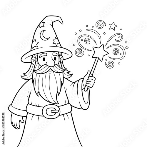 Wizard's Magic: A whimsical black-and-white illustration of a wizard casting a spell, adorned with a crescent moon hat, and emanating with magical charm.