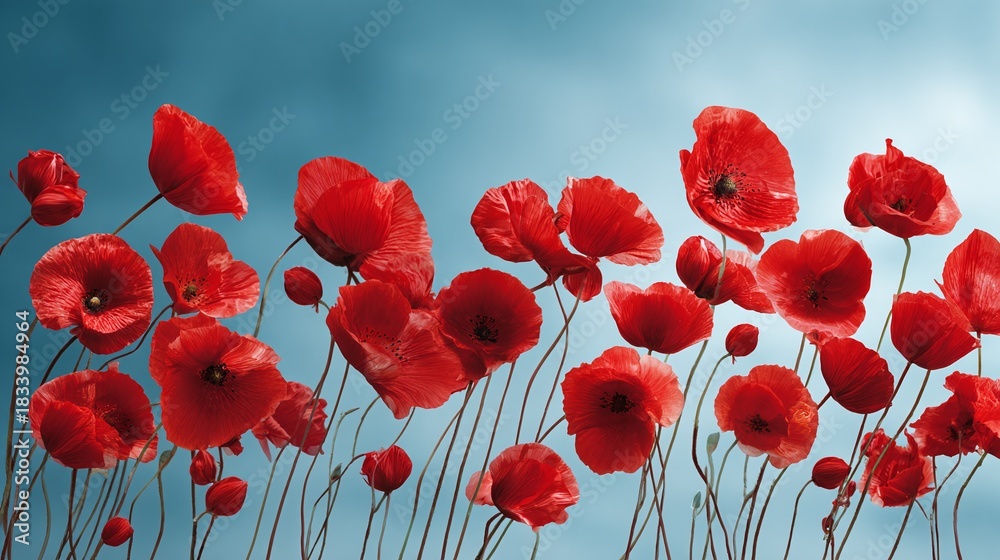 Obraz premium A field of red poppies blooms against a bright blue sky. The vibrant petals sway gently, creating a beautiful contrast. Nature's beauty. Simple pleasures. Serene.