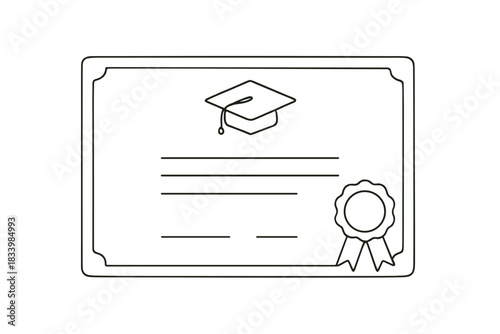 Graduation diploma certificate with cap and ribbon outline