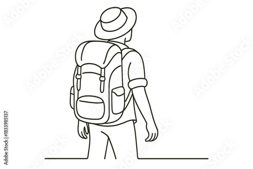Backpacking adventure outline of young caucasian male with hat and gear