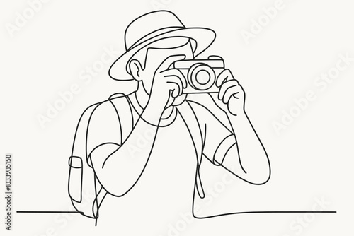 Sketch of young caucasian male traveler with camera and hat