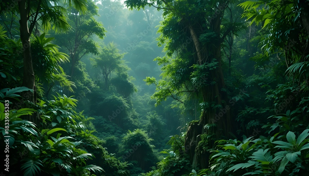 Fototapeta premium Lush Green Tropical Forest Background Representing Adventure, Freedom, and Ecological Lifestyle for Wellness and Exploration