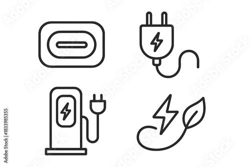 Electric vehicle charging icons featuring plugs and eco symbol