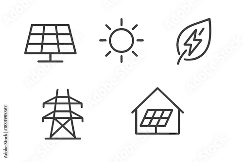 Sustainable energy icons: solar panel, sun, leaf, power line, eco-friendly house