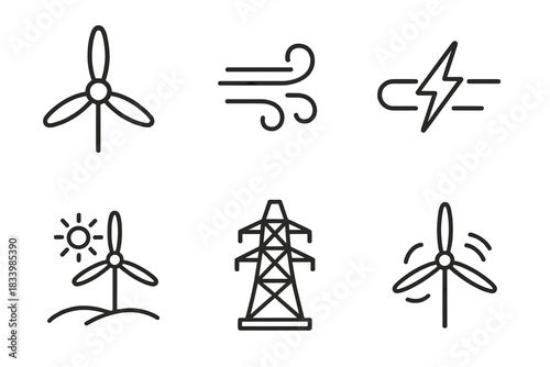 Minimalist icon set illustrating wind energy and renewable power concepts