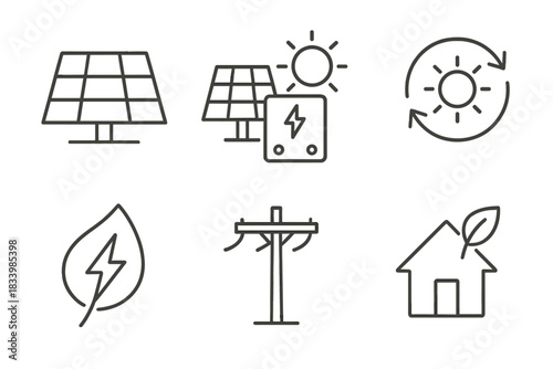 Solar and renewable energy icons: solar panels, leaf, power line, eco home